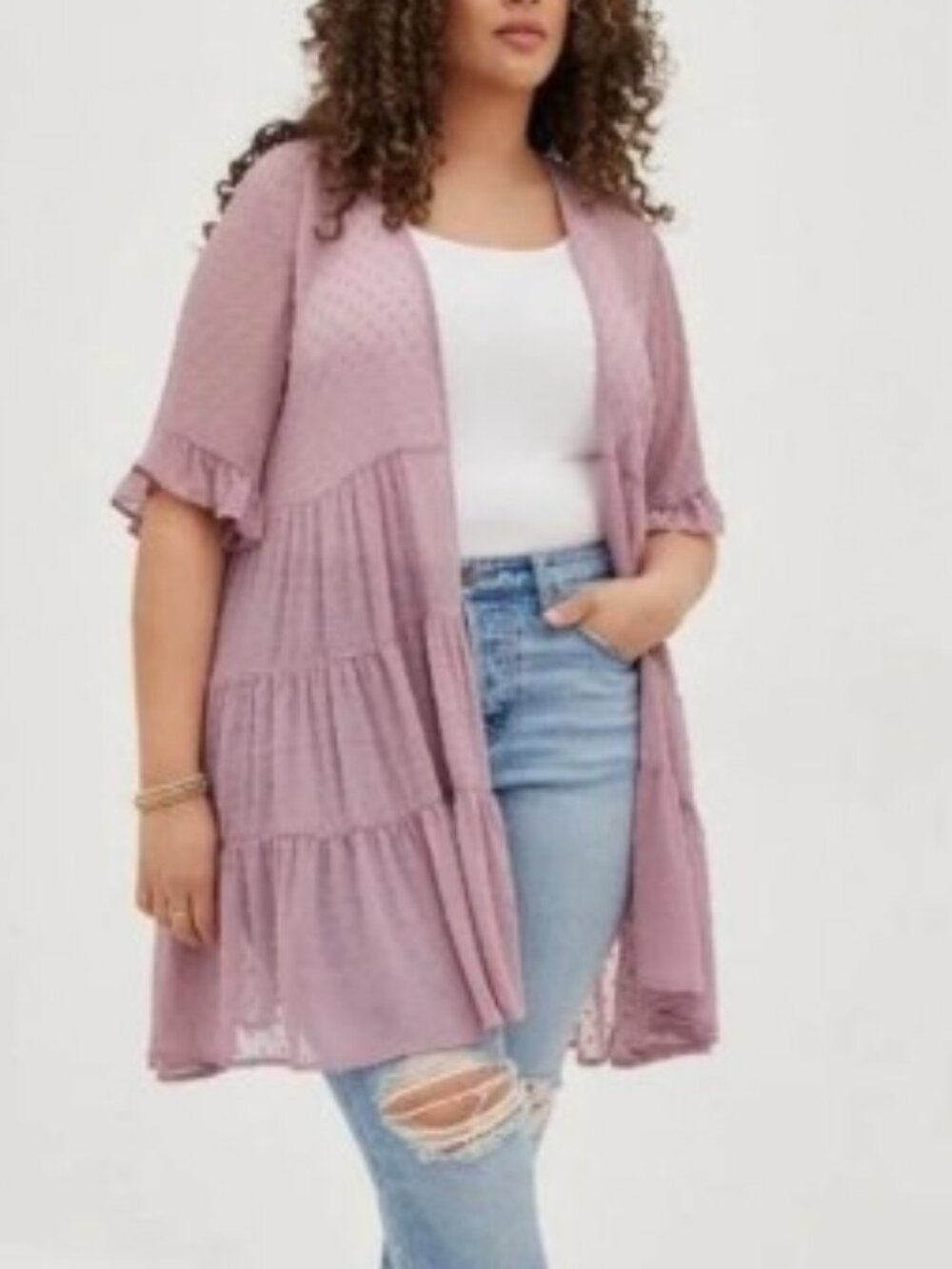 Torrid Clip Dot Kimono Duster Pink Tiered 4